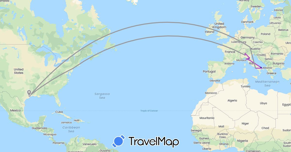 TravelMap itinerary: driving, plane, train in Germany, Italy, United States (Europe, North America)